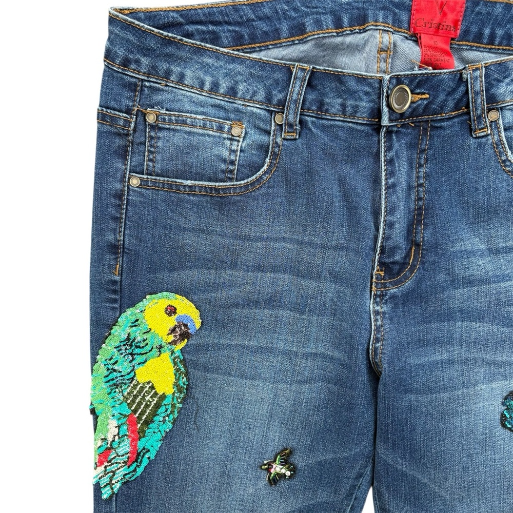 V Cristina Embroidered Sequin Tropical Skinny Distressed Jeans Size 10 Floral - Picture 2 of 7